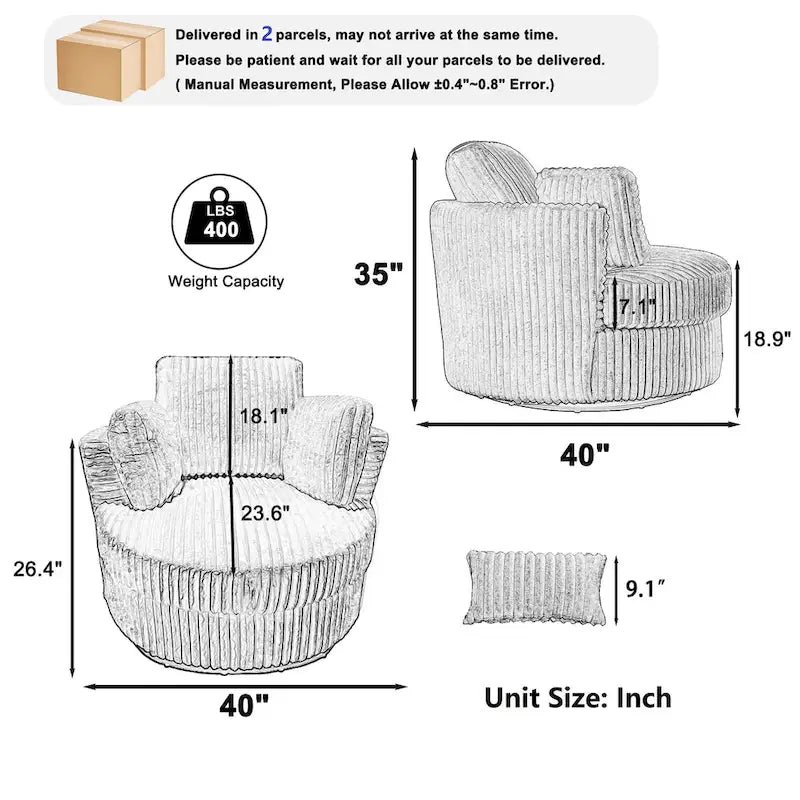 Oversized 360° Swivel Barrel Accent Chair in Plush Corduroy with 4 Pillows
