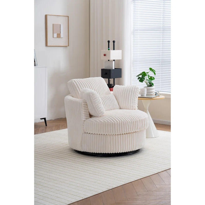 Oversized 360° Swivel Barrel Accent Chair in Plush Corduroy with 4 Pillows