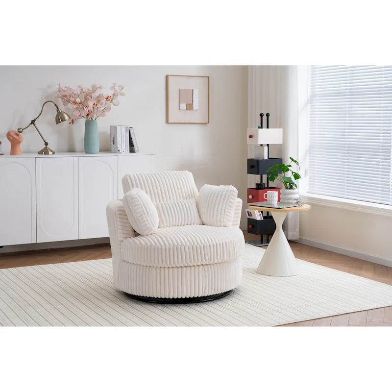Oversized 360° Swivel Barrel Accent Chair in Plush Corduroy with 4 Pillows