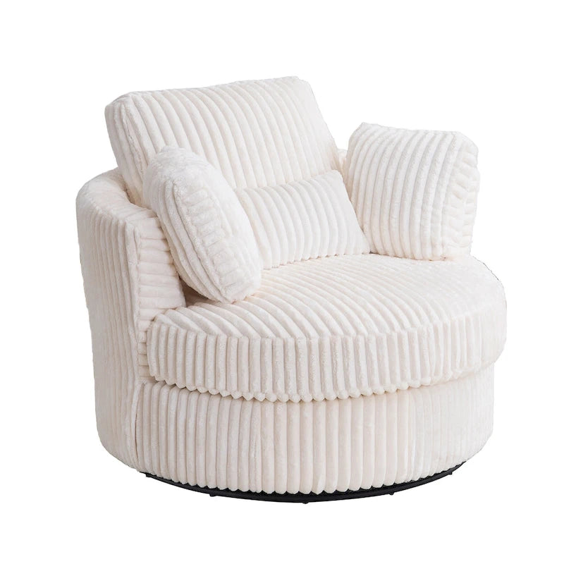 Oversized 360° Swivel Barrel Accent Chair in Plush Corduroy with 4 Pillows
