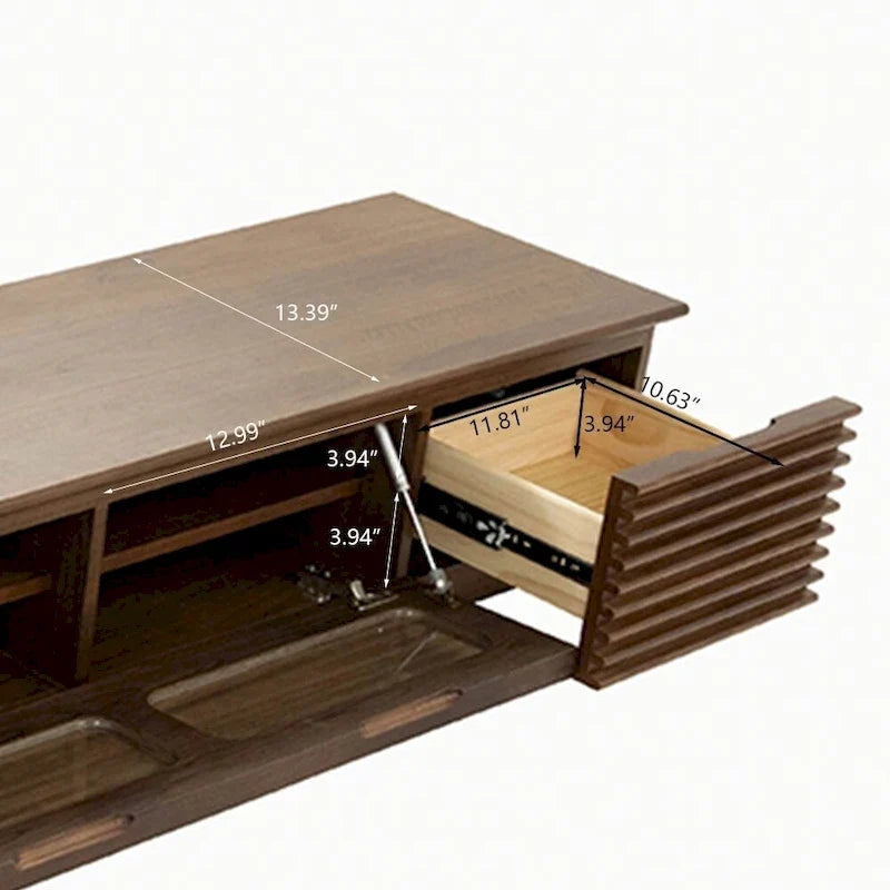 Meuble TV minimaliste avec tiroirs, console multimédia en bois massif avec placards, porte abattante, placage noyer, entièrement assemblé