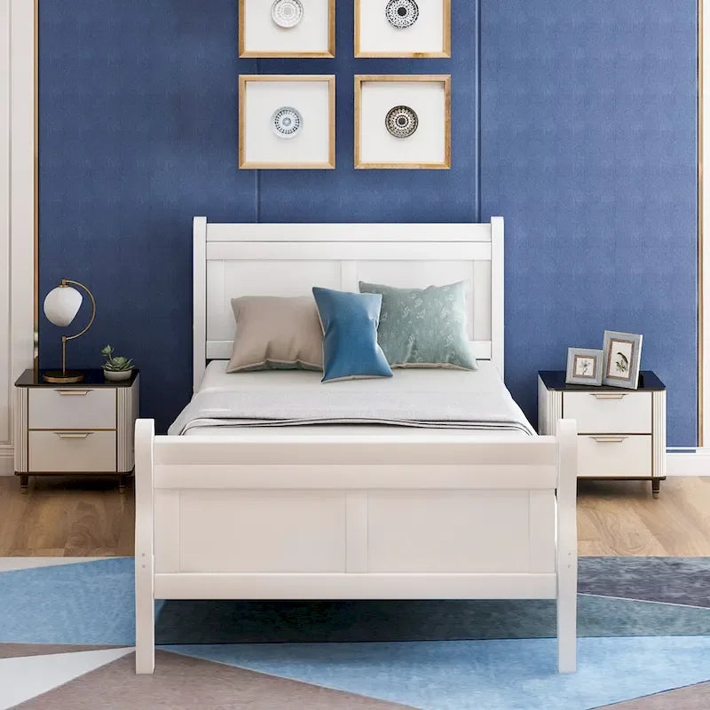 Twin Size Solid Wood Sleigh Platform Bed with Hollow Headboard & Footboard
