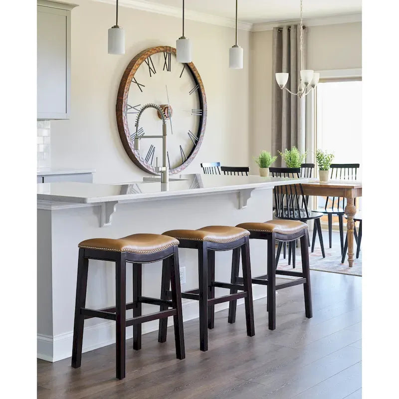 Counter Height Solid Wood Bar Stool with Faux Leather Saddle Seat and Nailhead Trim