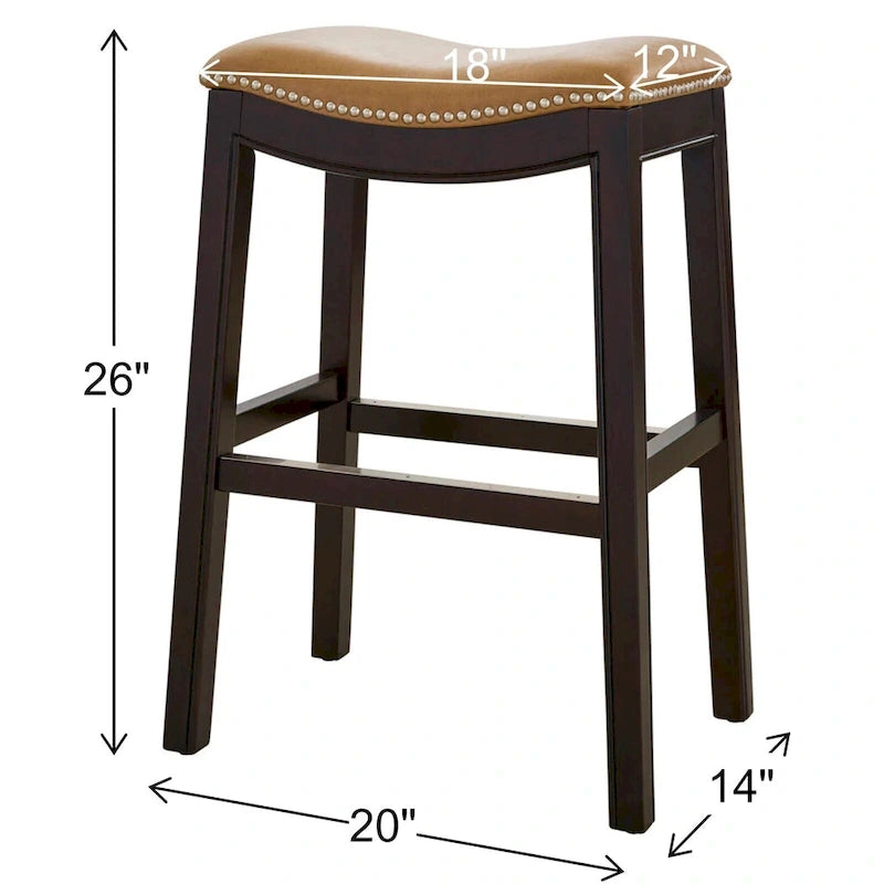 Counter Height Solid Wood Bar Stool with Faux Leather Saddle Seat and Nailhead Trim