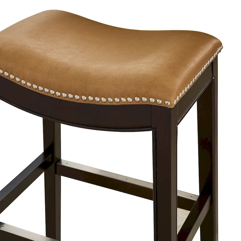Counter Height Solid Wood Bar Stool with Faux Leather Saddle Seat and Nailhead Trim