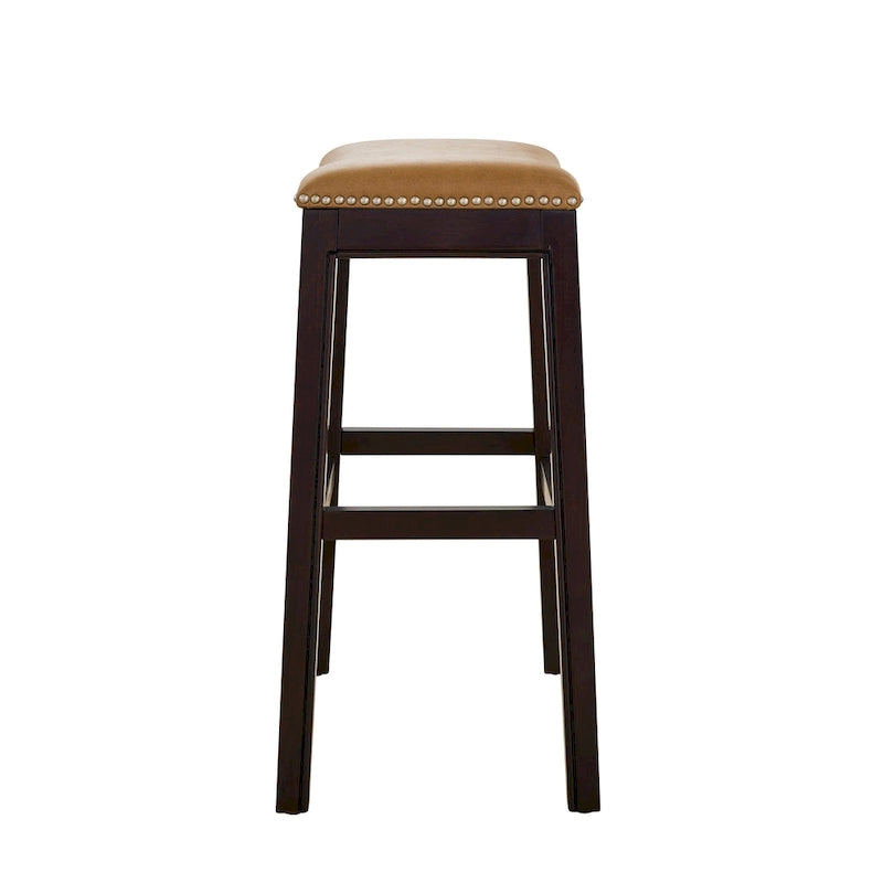 Counter Height Solid Wood Bar Stool with Faux Leather Saddle Seat and Nailhead Trim