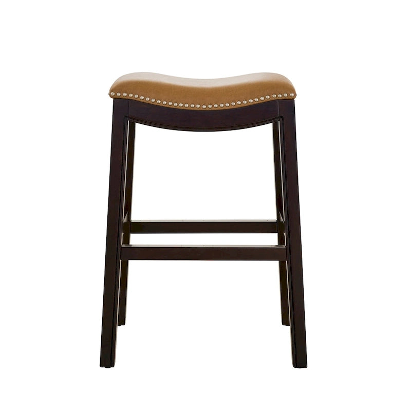 Counter Height Solid Wood Bar Stool with Faux Leather Saddle Seat and Nailhead Trim
