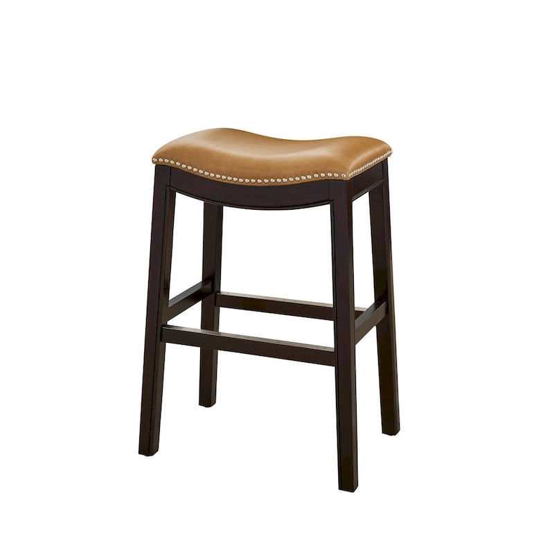 Counter Height Solid Wood Bar Stool with Faux Leather Saddle Seat and Nailhead Trim