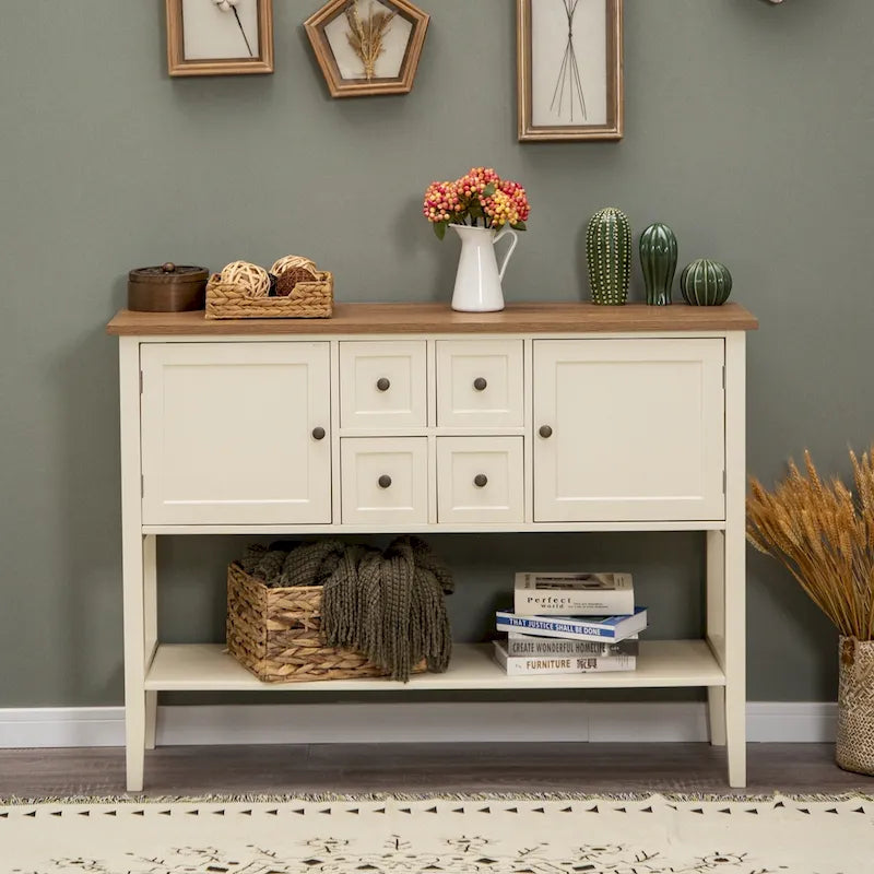 Buffet Sideboard Storage Cabinet with 4 Drawers, 2 Compartments and Bottom Shelf