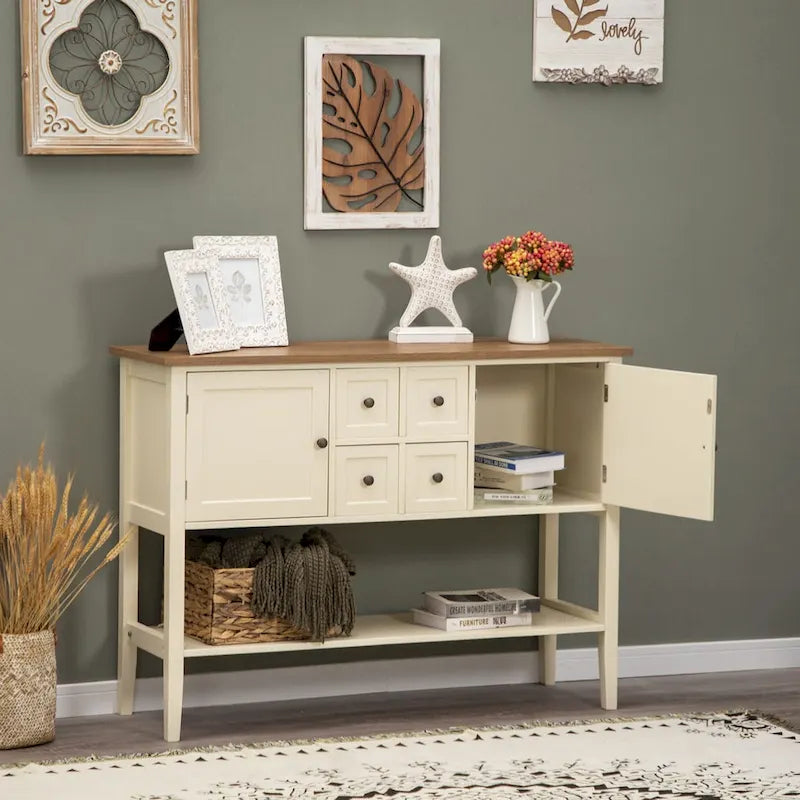 Buffet Sideboard Storage Cabinet with 4 Drawers, 2 Compartments and Bottom Shelf