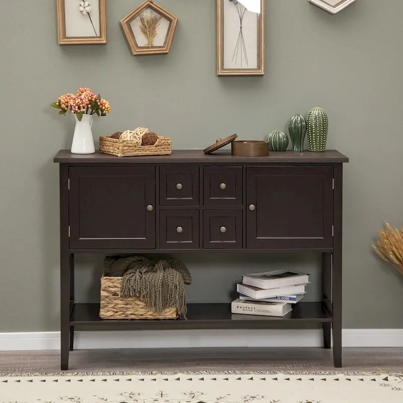 Buffet Sideboard Storage Cabinet with 4 Drawers, 2 Compartments and Bottom Shelf