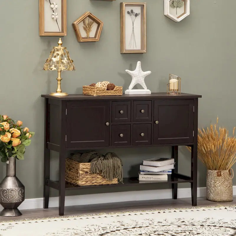 Buffet Sideboard Storage Cabinet with 4 Drawers, 2 Compartments and Bottom Shelf