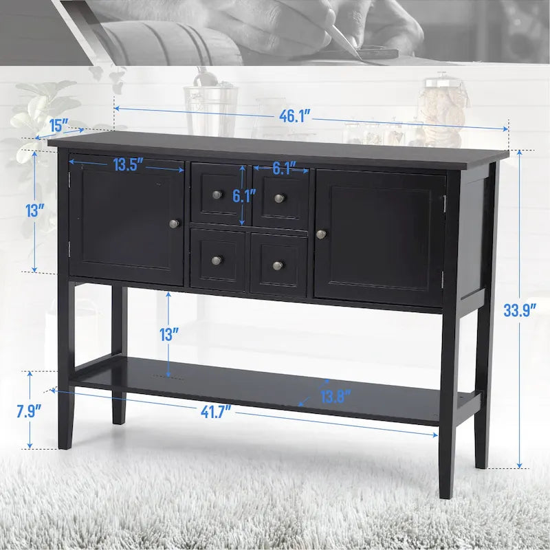 Buffet Sideboard Storage Cabinet with 4 Drawers, 2 Compartments and Bottom Shelf
