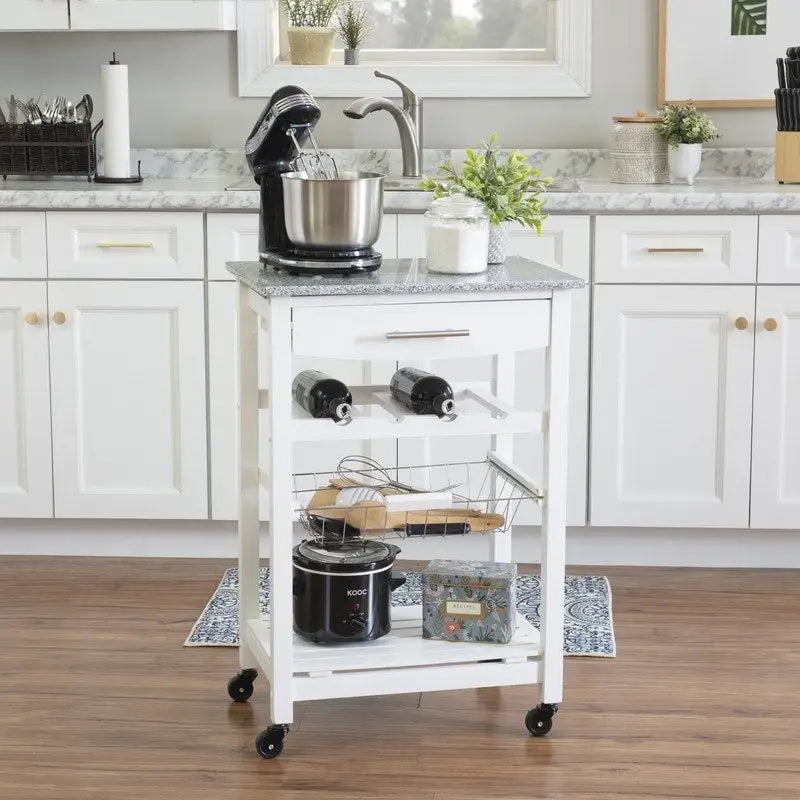 Compact Rolling Kitchen Island Cart with Drawer, Wine Rack and Produce Basket