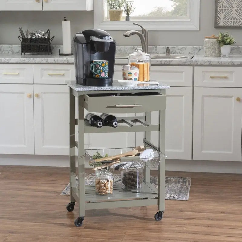Compact Rolling Kitchen Island Cart with Drawer, Wine Rack and Produce Basket