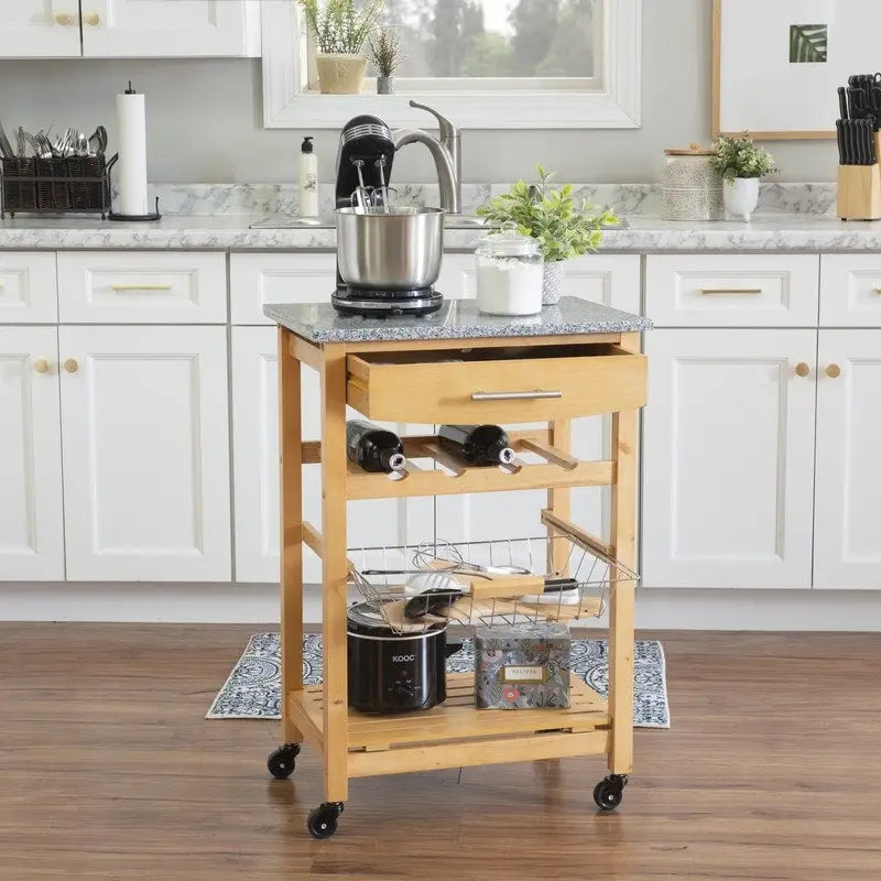 Compact Rolling Kitchen Island Cart with Drawer, Wine Rack and Produce Basket