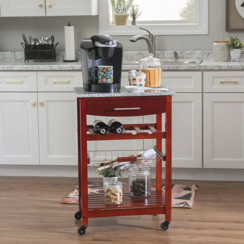 Compact Rolling Kitchen Island Cart with Drawer, Wine Rack and Produce Basket