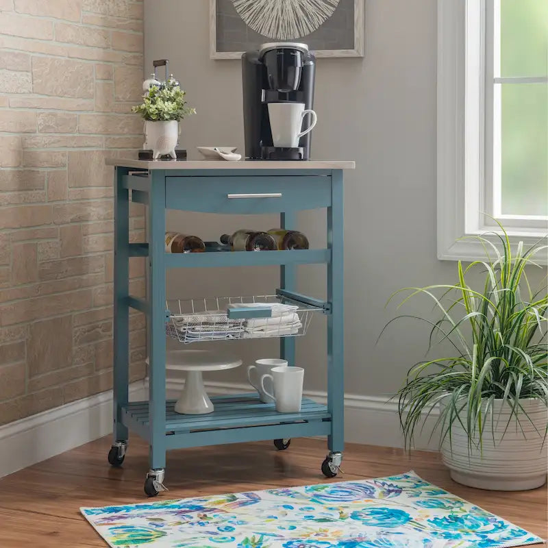 Compact Rolling Kitchen Island Cart with Drawer, Wine Rack and Produce Basket