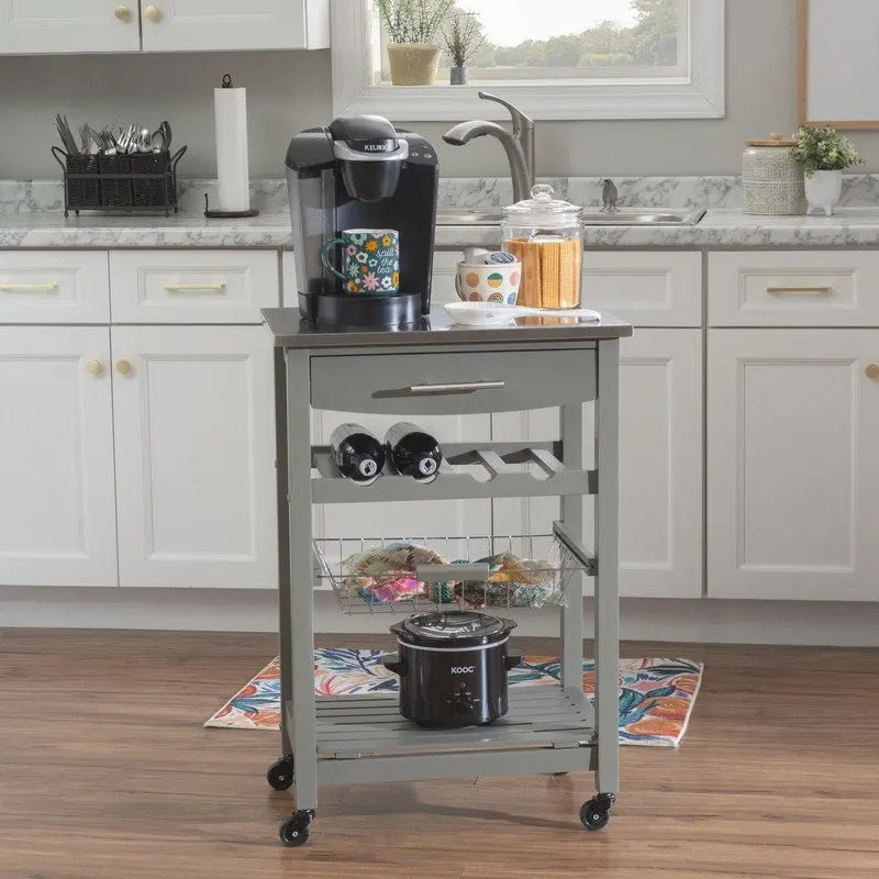 Compact Rolling Kitchen Island Cart with Drawer, Wine Rack and Produce Basket