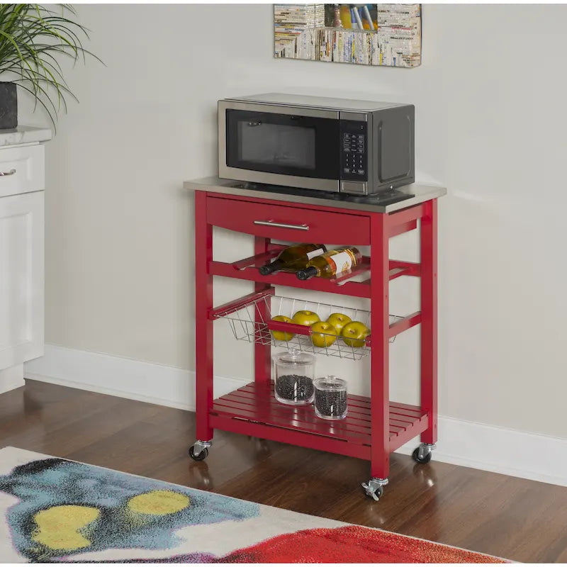 Compact Rolling Kitchen Island Cart with Drawer, Wine Rack and Produce Basket