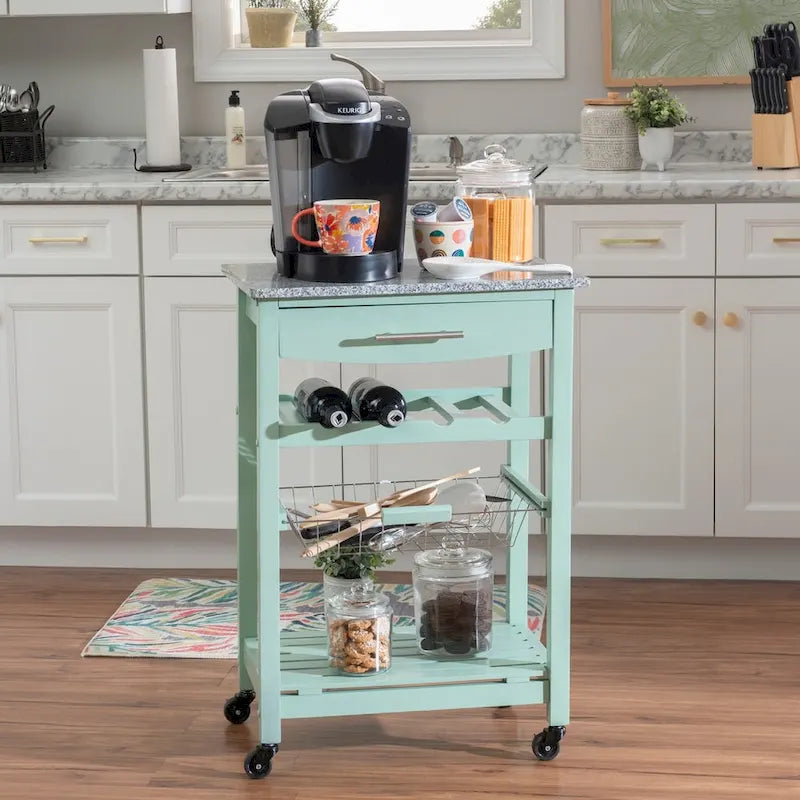 Compact Rolling Kitchen Island Cart with Drawer, Wine Rack and Produce Basket