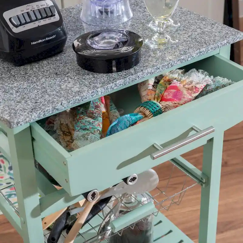 Compact Rolling Kitchen Island Cart with Drawer, Wine Rack and Produce Basket