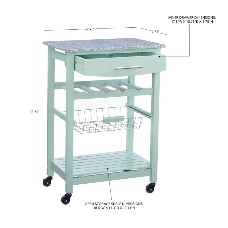 Compact Rolling Kitchen Island Cart with Drawer, Wine Rack and Produce Basket
