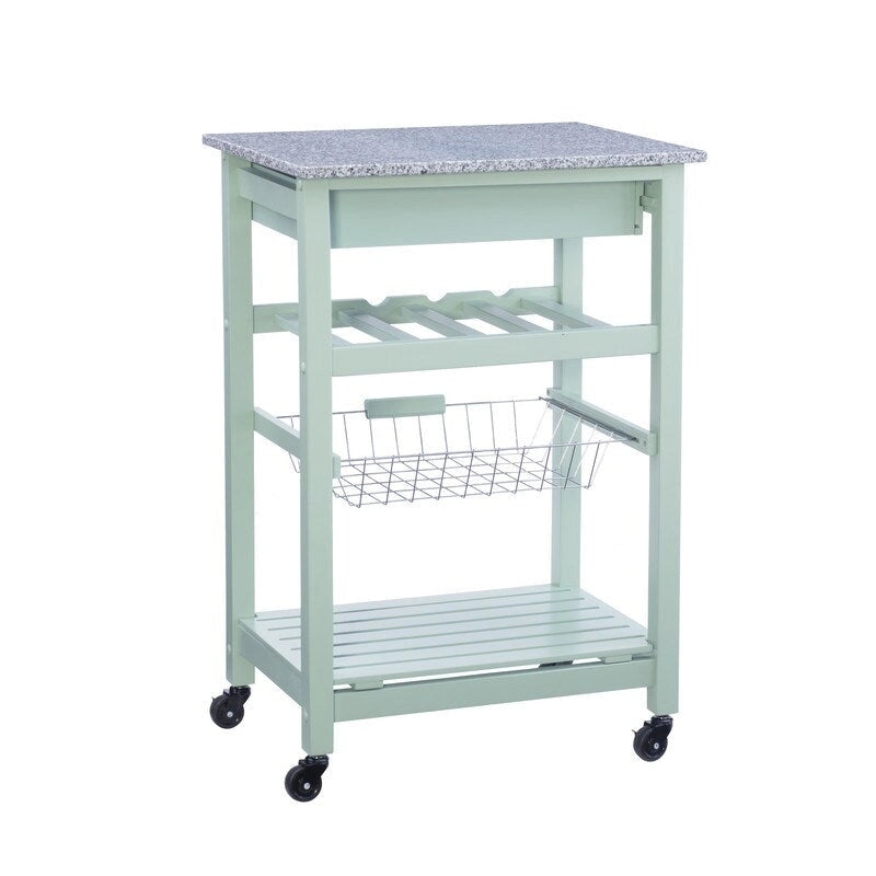 Compact Rolling Kitchen Island Cart with Drawer, Wine Rack and Produce Basket