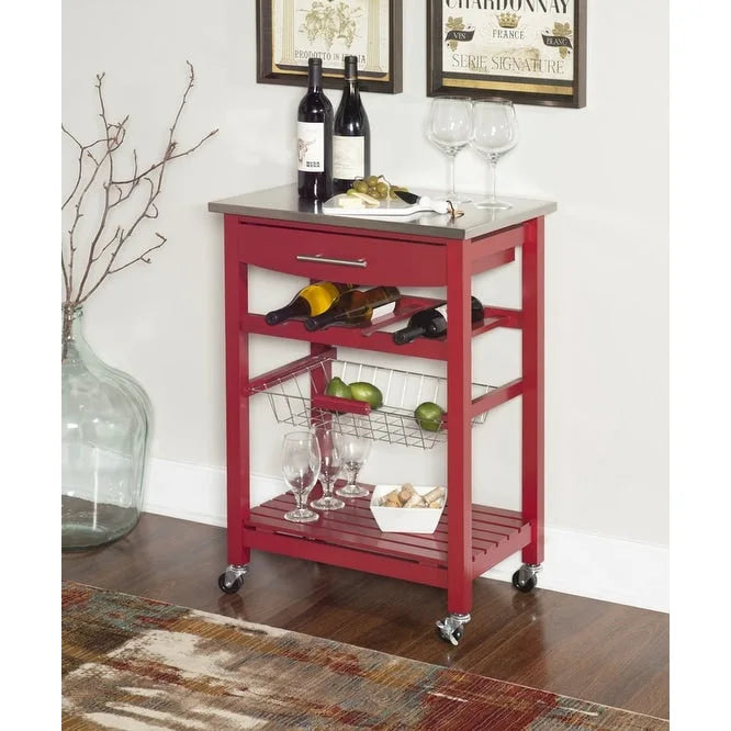 Compact Rolling Kitchen Island Cart with Drawer, Wine Rack and Produce Basket