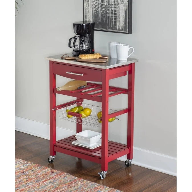 Compact Rolling Kitchen Island Cart with Drawer, Wine Rack and Produce Basket