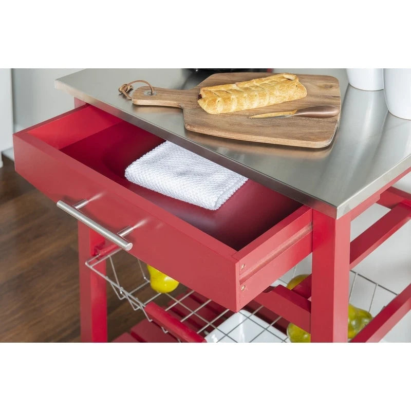 Compact Rolling Kitchen Island Cart with Drawer, Wine Rack and Produce Basket