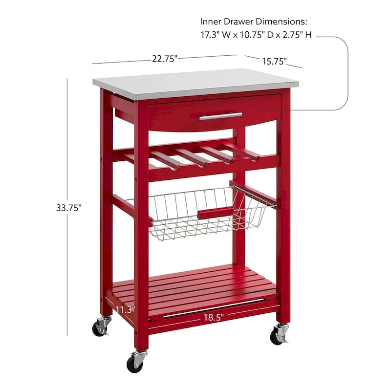 Compact Rolling Kitchen Island Cart with Drawer, Wine Rack and Produce Basket