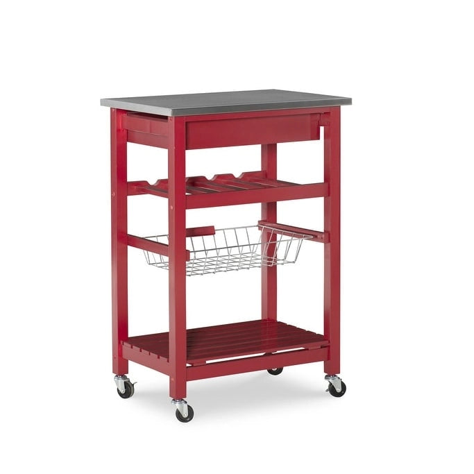 Compact Rolling Kitchen Island Cart with Drawer, Wine Rack and Produce Basket