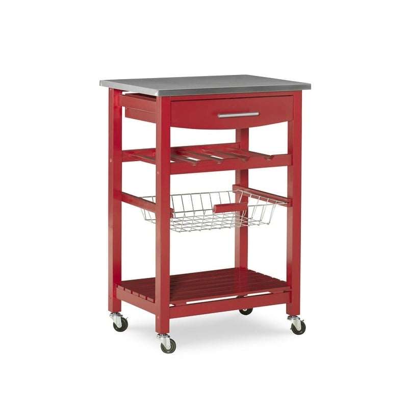 Compact Rolling Kitchen Island Cart with Drawer, Wine Rack and Produce Basket