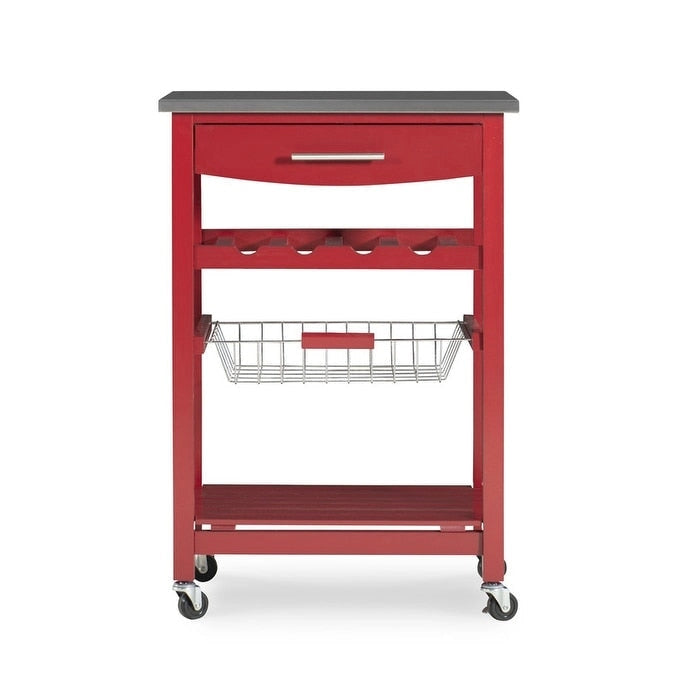 Compact Rolling Kitchen Island Cart with Drawer, Wine Rack and Produce Basket