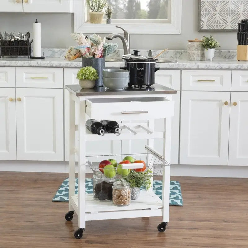 Compact Rolling Kitchen Island Cart with Drawer, Wine Rack and Produce Basket