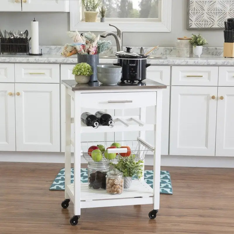Compact Rolling Kitchen Island Cart with Drawer, Wine Rack and Produce Basket