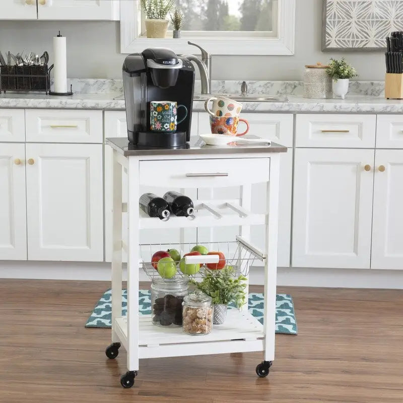 Compact Rolling Kitchen Island Cart with Drawer, Wine Rack and Produce Basket