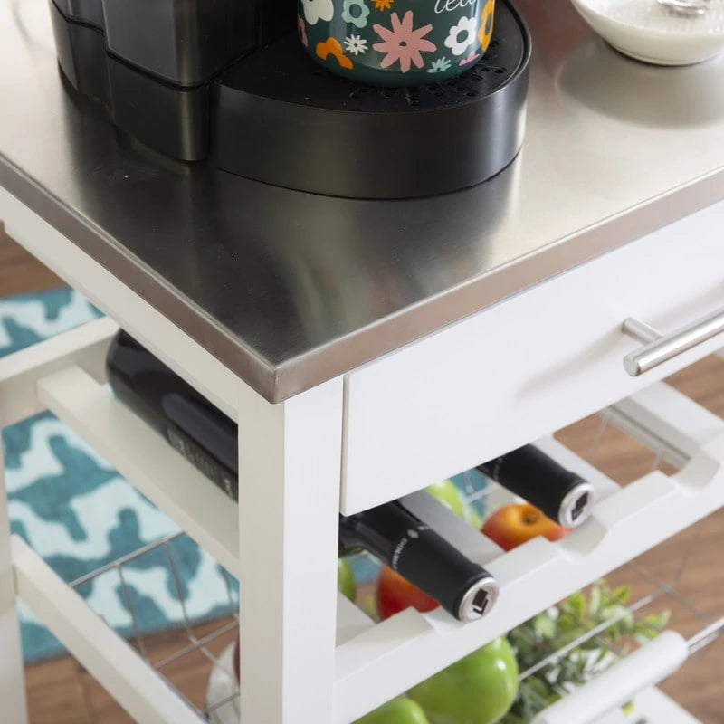 Compact Rolling Kitchen Island Cart with Drawer, Wine Rack and Produce Basket