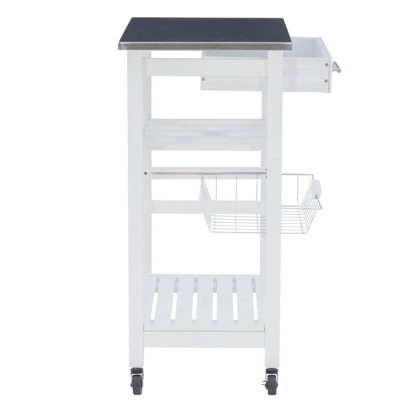 Compact Rolling Kitchen Island Cart with Drawer, Wine Rack and Produce Basket