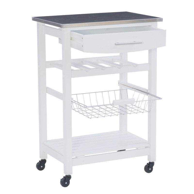 Compact Rolling Kitchen Island Cart with Drawer, Wine Rack and Produce Basket