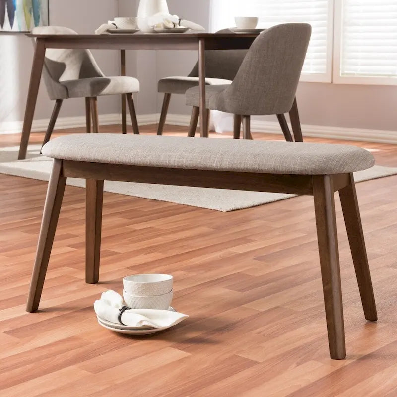 Mid-Century Modern Upholstered Dining Bench with Walnut-Finish Tapered Legs
