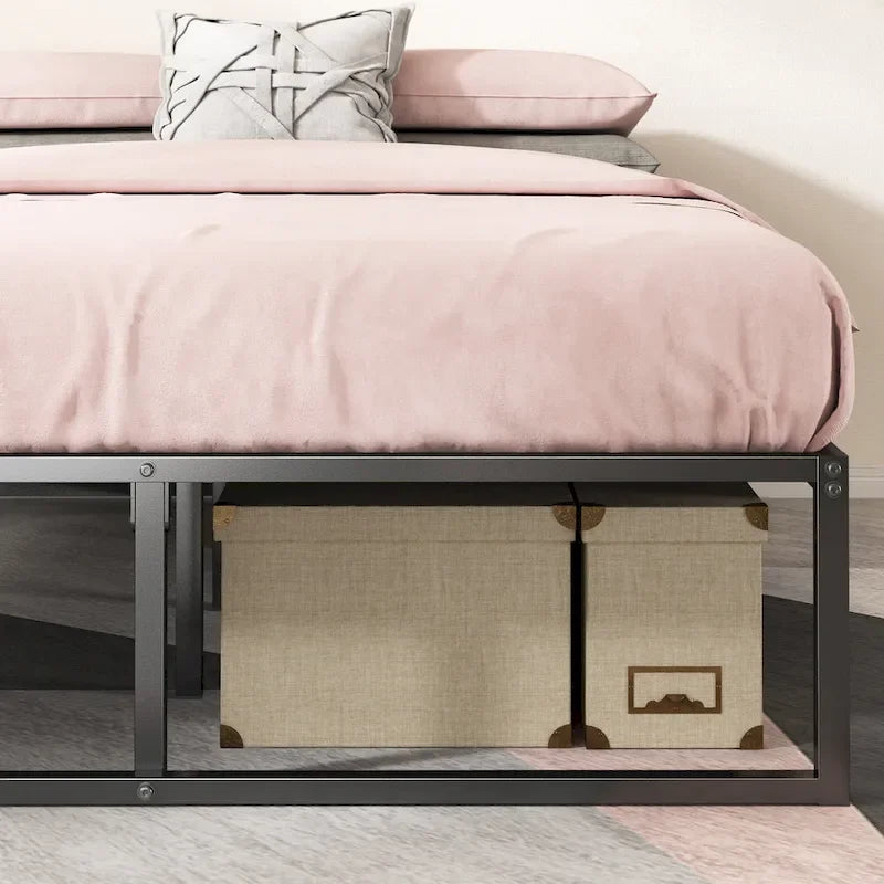 14-Inch Black Metal Platform Bed Frame with Sled Base & Steel Slats — 4 Sizes
