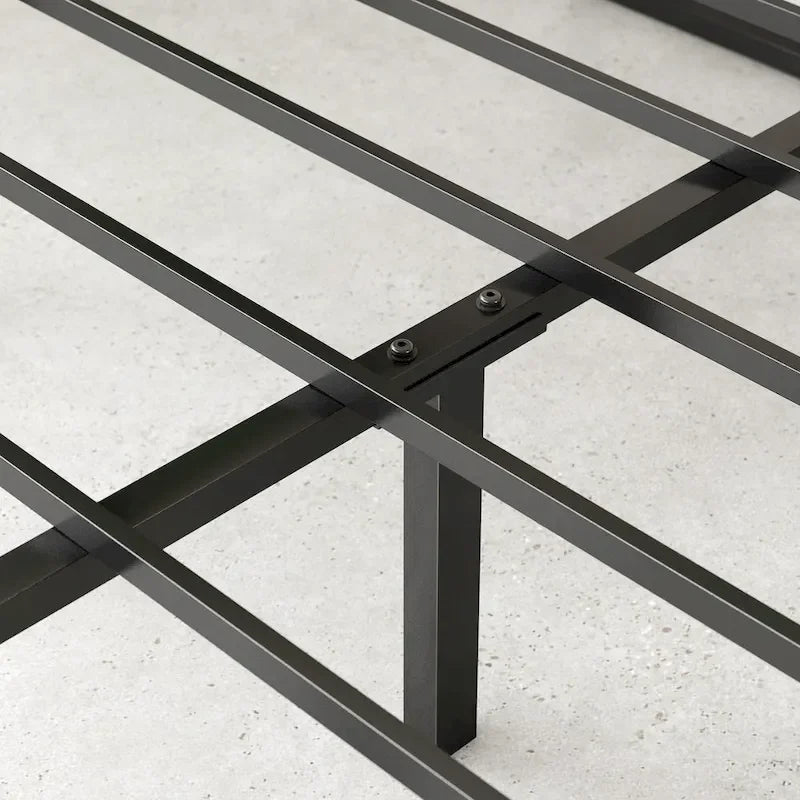 14-Inch Black Metal Platform Bed Frame with Sled Base & Steel Slats — 4 Sizes