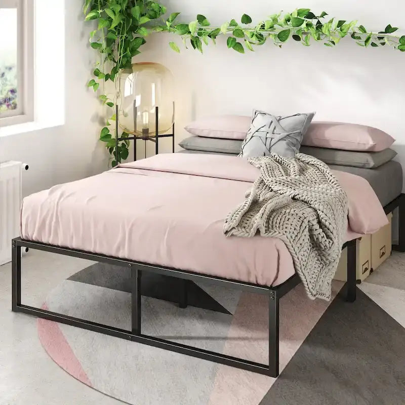 14-Inch Black Metal Platform Bed Frame with Sled Base & Steel Slats — 4 Sizes