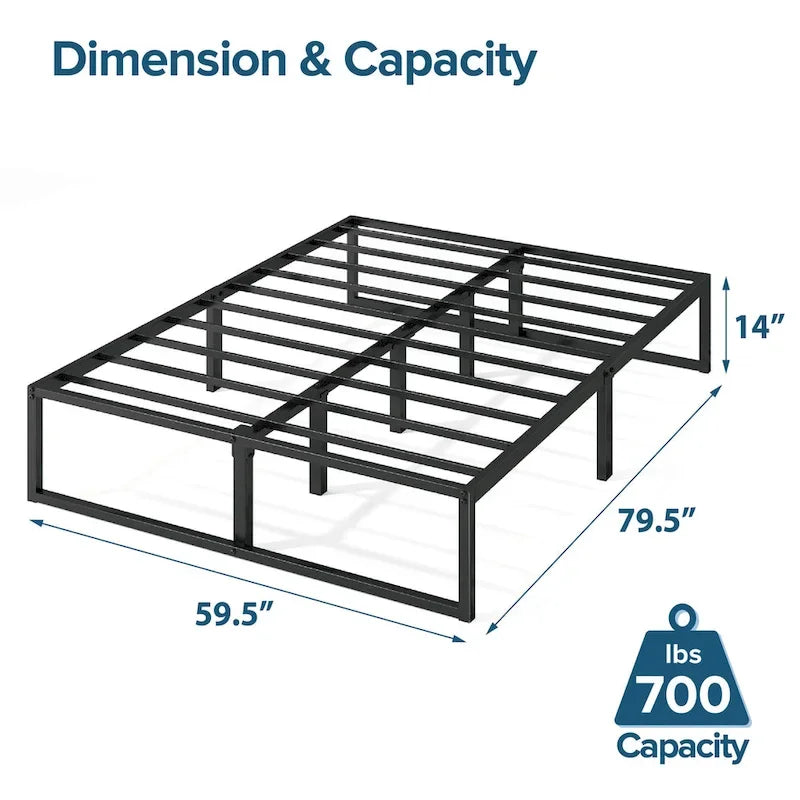 14-Inch Black Metal Platform Bed Frame with Sled Base & Steel Slats — 4 Sizes
