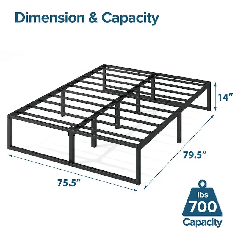 14-Inch Black Metal Platform Bed Frame with Sled Base & Steel Slats — 4 Sizes
