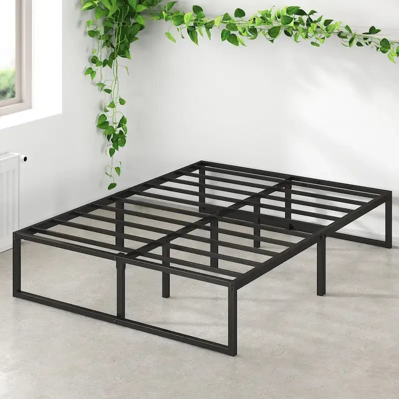 14-Inch Black Metal Platform Bed Frame with Sled Base & Steel Slats — 4 Sizes