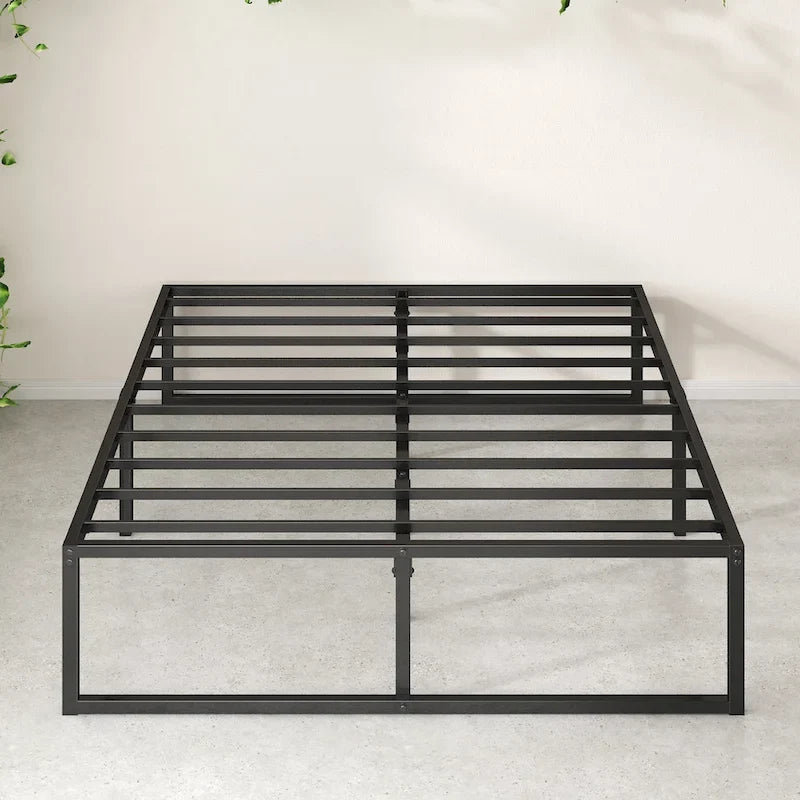 14-Inch Black Metal Platform Bed Frame with Sled Base & Steel Slats — 4 Sizes