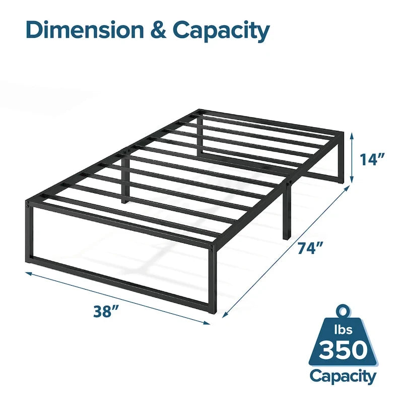 14-Inch Black Metal Platform Bed Frame with Sled Base & Steel Slats — 4 Sizes